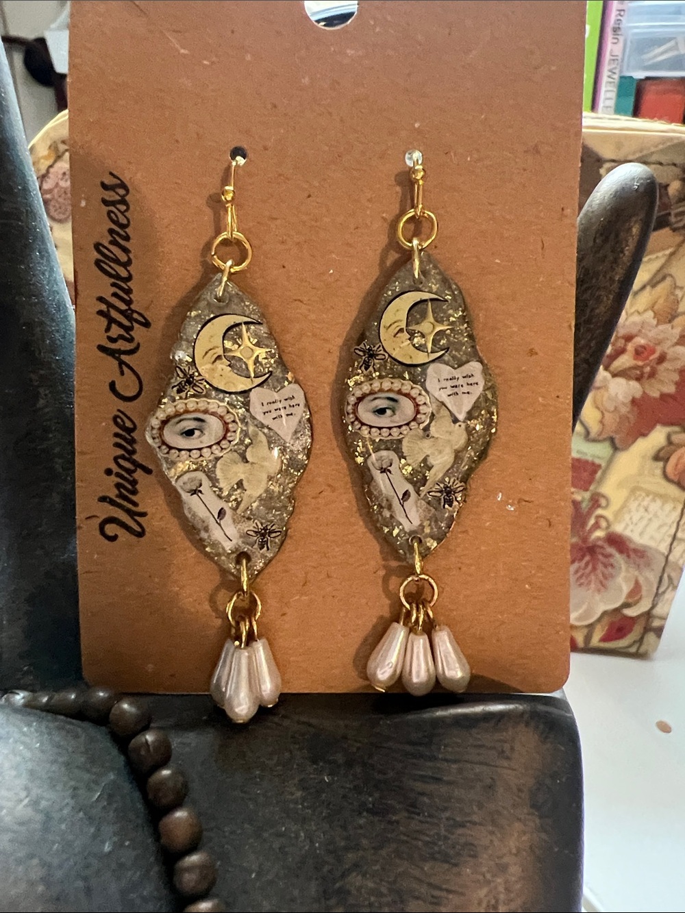 Gold Moon & Eye Dangle Earrings with Pearl Drops polymer clay